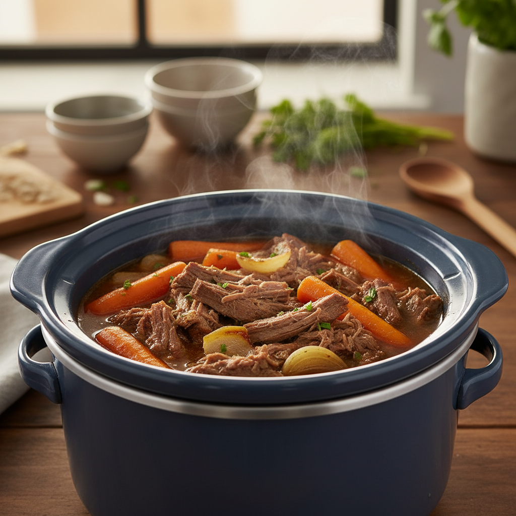 Tender shredded beef in a slow cooker with vegetables