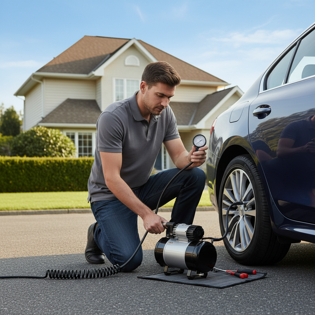 Driver using a 12V air compressor to inflate a tire after a plug repair