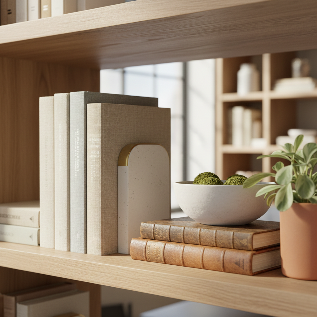 Styled bookshelf shelf with book row, horizontal book stack, and decorative object