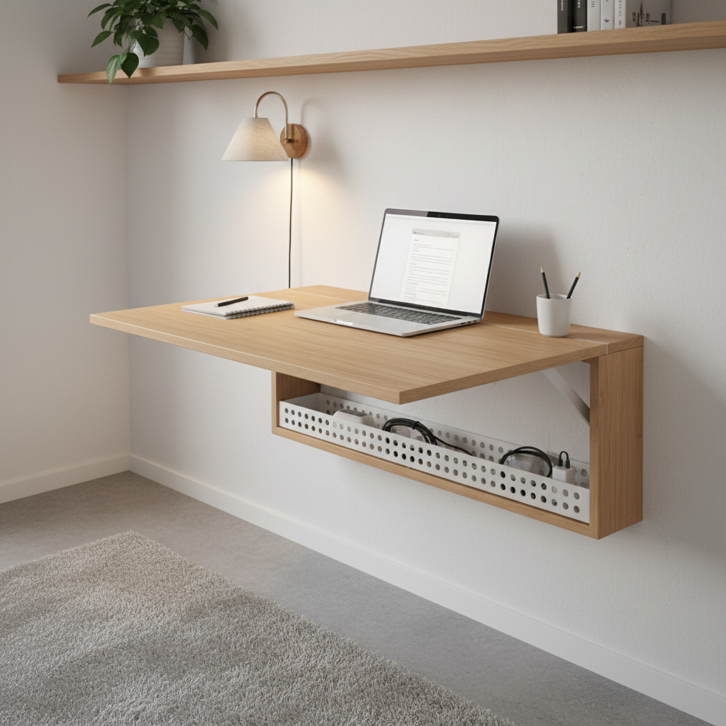 Compact foldable wall desk with organized office essentials