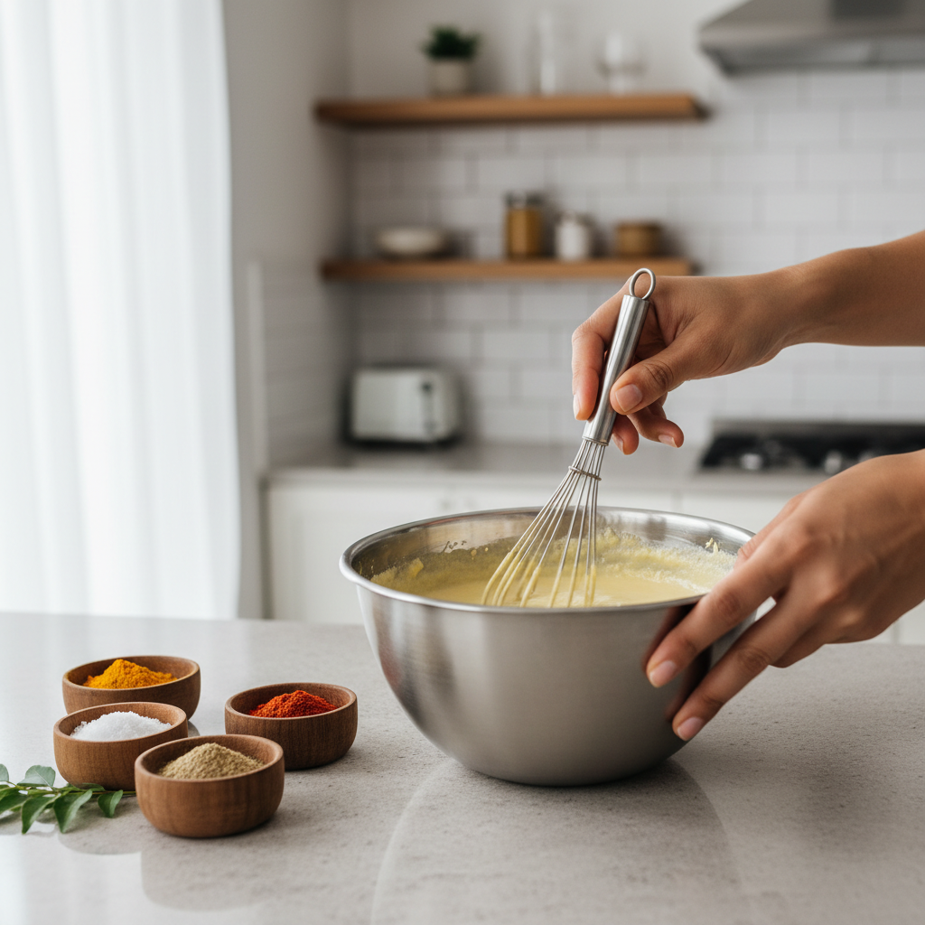 Whisking yogurt and besan slurry for Punjabi kadhi in a mixing bowl