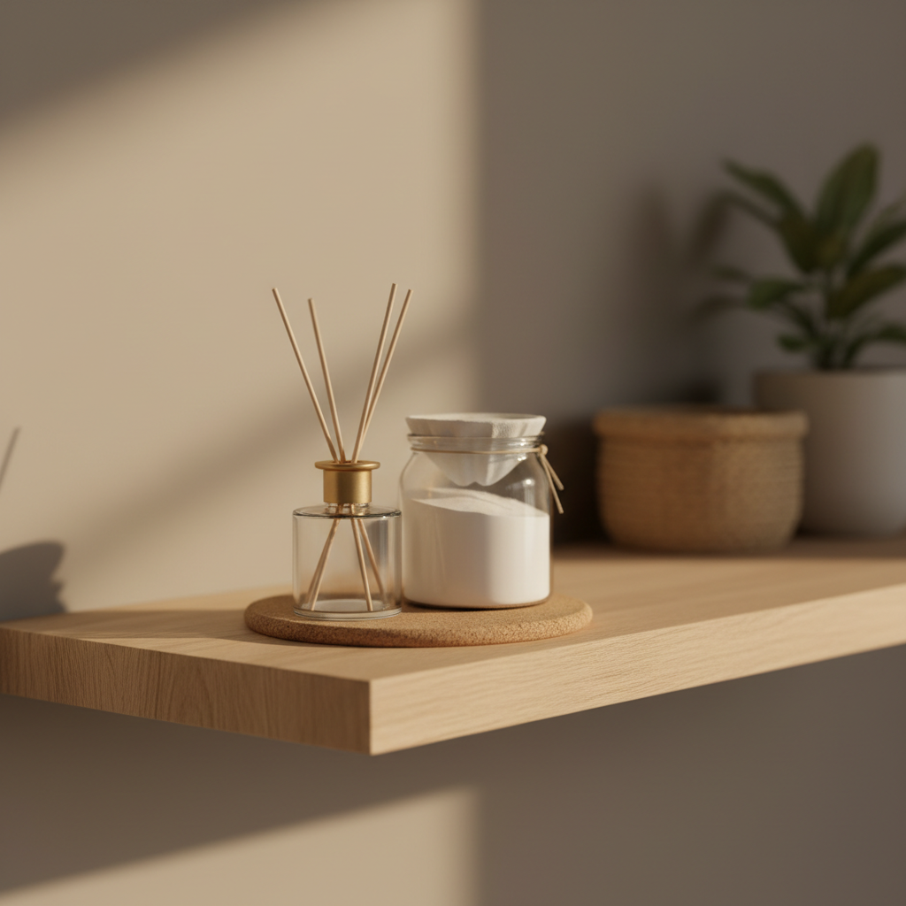 Homemade reed diffuser and baking soda jar air freshener on a shelf