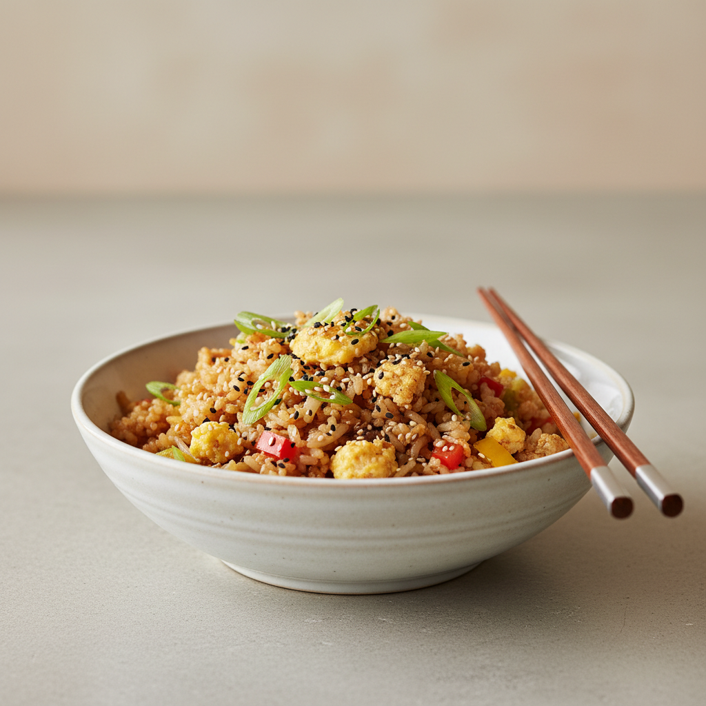 Low carb cauliflower fried rice with egg and vegetables in a bowl