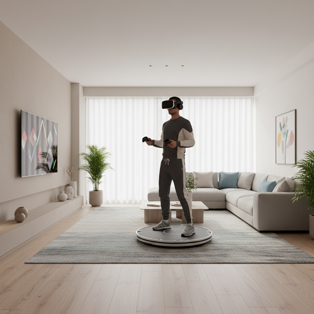 Home VR setup with treadmill-style locomotion platform and headset