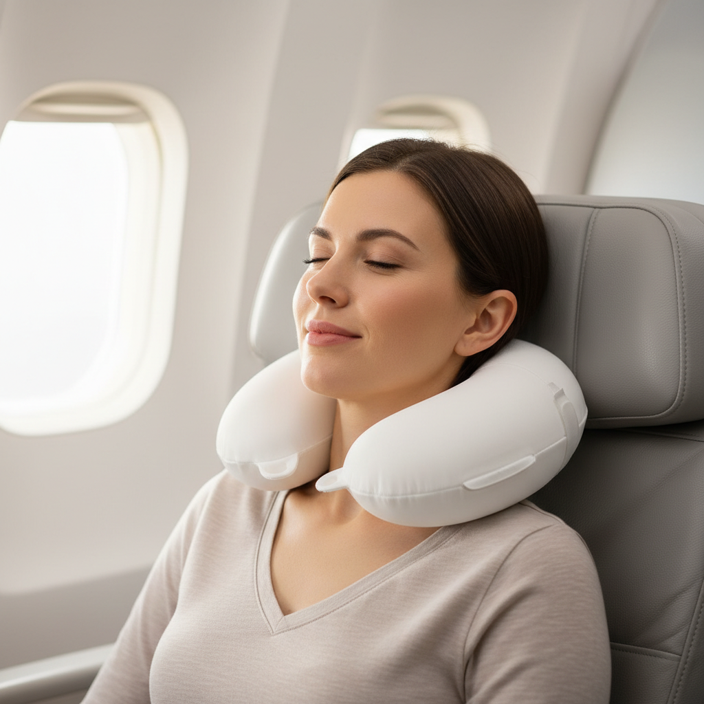 Proper travel pillow positioning for neck support on an airplane