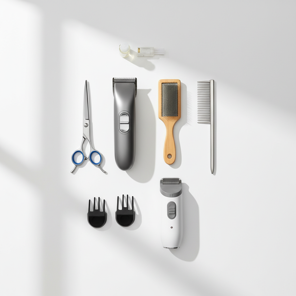 Professional pet grooming kit tools laid out on a clean table
