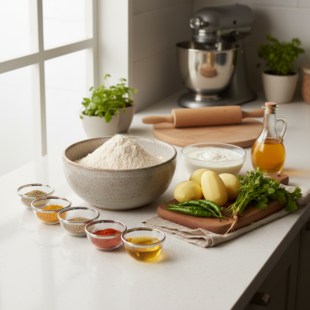 Stuffed aloo paratha ingredients on a kitchen counter