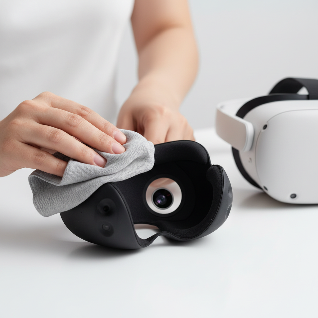 Cleaning a Quest 3 VR face cover with a microfiber cloth to improve hygiene