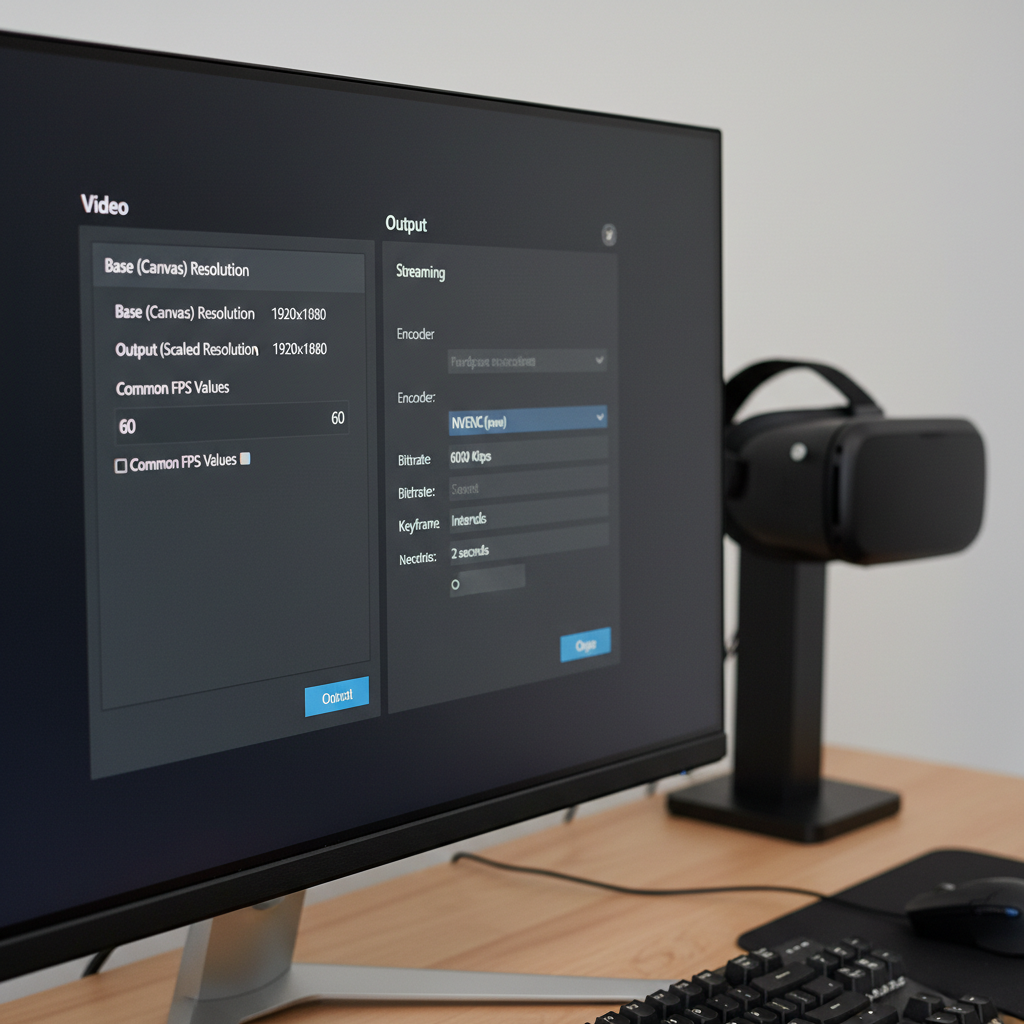 OBS Studio settings for VR capture with resolution, frame rate and hardware encoder