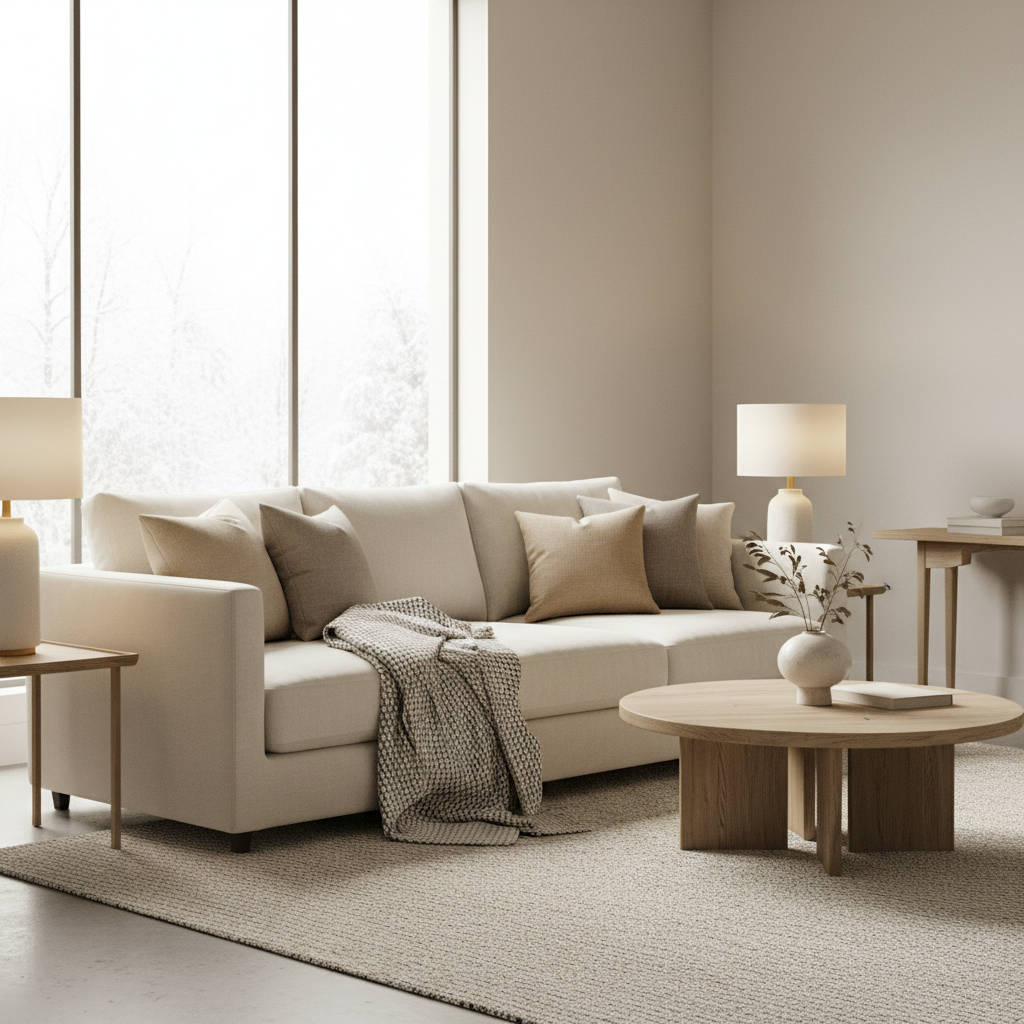 Neutral winter living room with layered textures, cream throws, and warm lighting