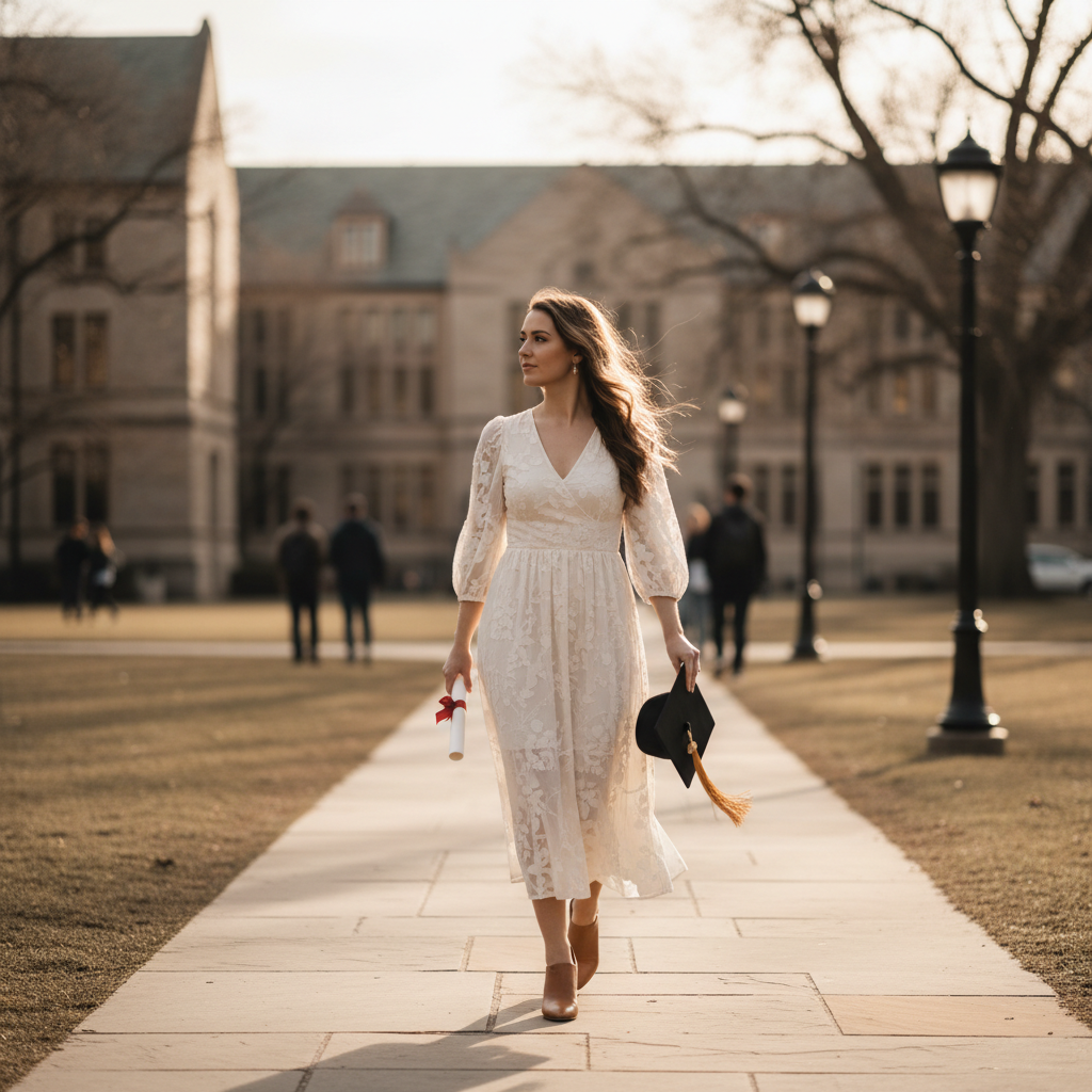 Graduate walking confidently in a midi dress and comfortable block heels near campus