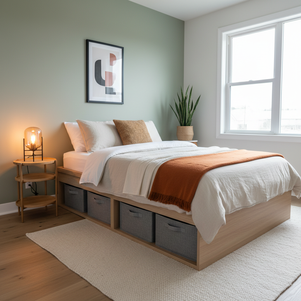 Budget-friendly small apartment bedroom with storage bed and layered bedding