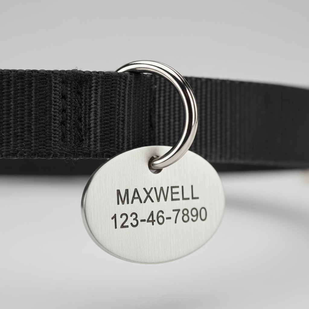 Close-up of a durable split ring and engraved stainless steel dog ID tag attachment