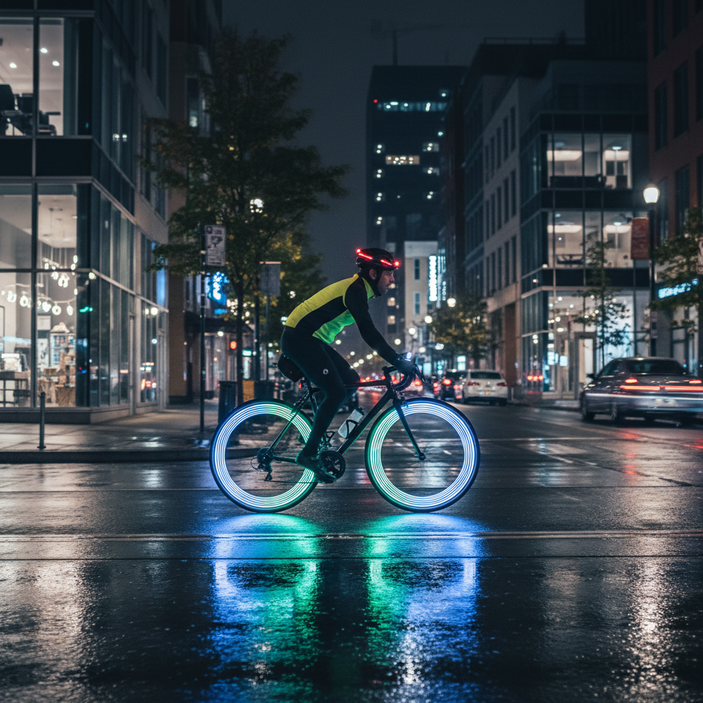 Bike with wheel lights visible from the side during night riding