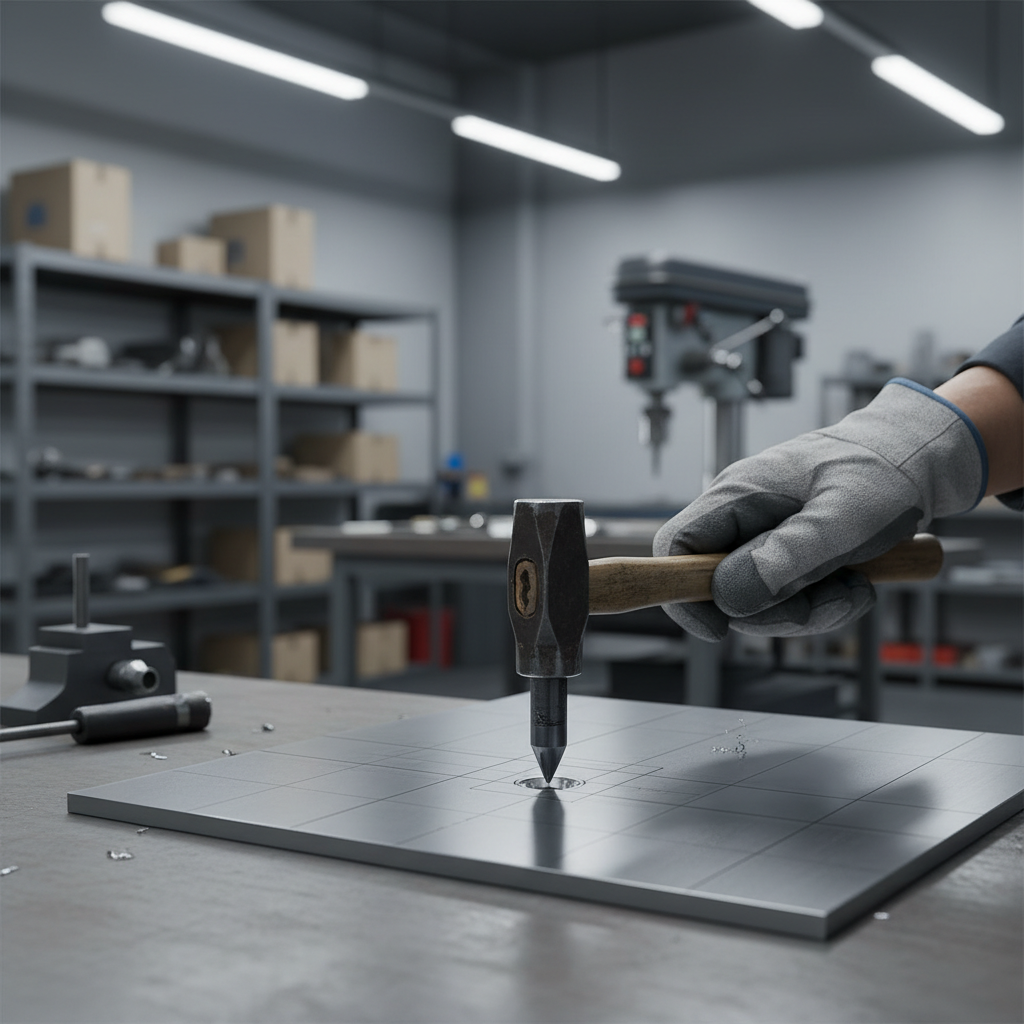 Center punch marking a drill point on steel with layout lines