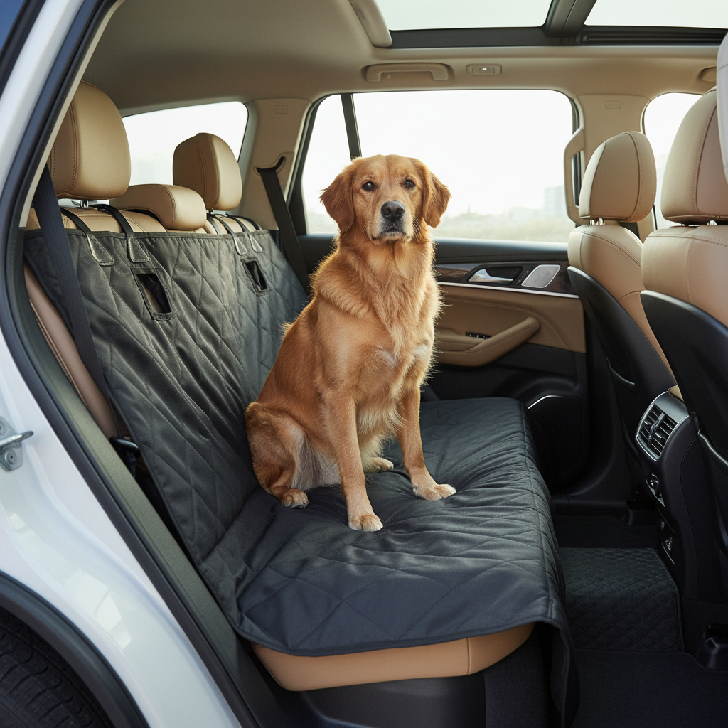 Dog riding in a back seat with a hammock-style car seat cover