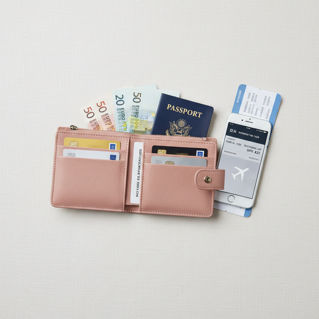 RFID travel wallet essentials laid out: passport, cards, cash, phone, and boarding pass
