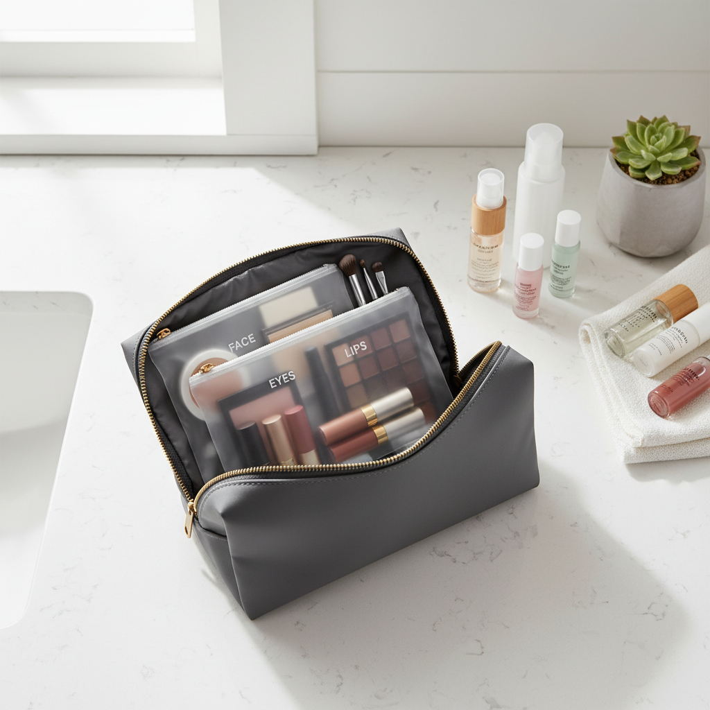 Neatly organized makeup bag with labeled pouches and travel-size products
