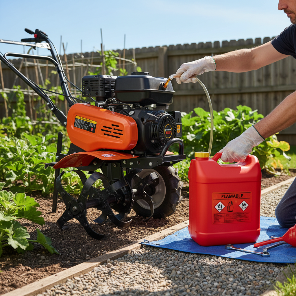 Draining old gasoline from a tiller fuel tank into an approved container