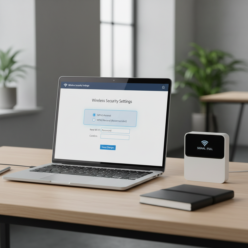 Hotspot security settings with WPA2 WPA3 and password change on a laptop