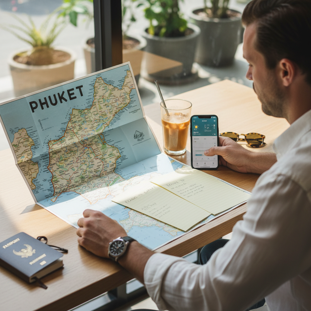 Traveler comparing Phuket beach areas with a map and notes at a cafe