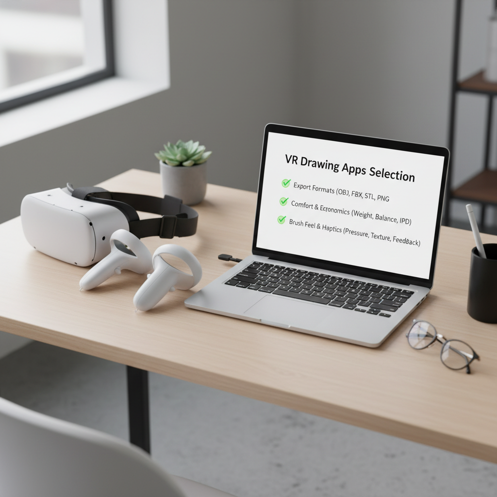 Side-by-side view of VR drawing app selection criteria on a desk and a VR headset