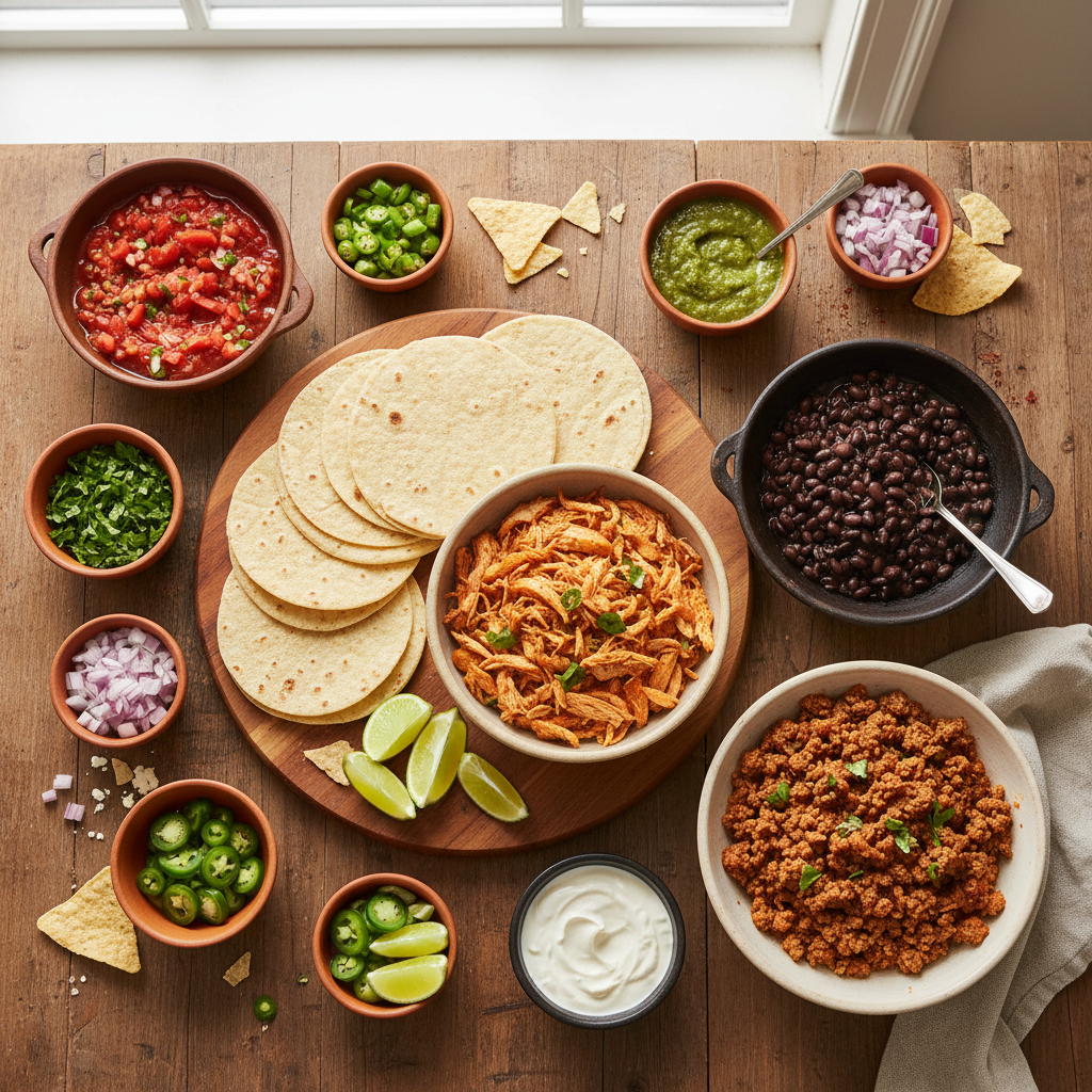 Taco Tuesday spread with easy fillings and toppings