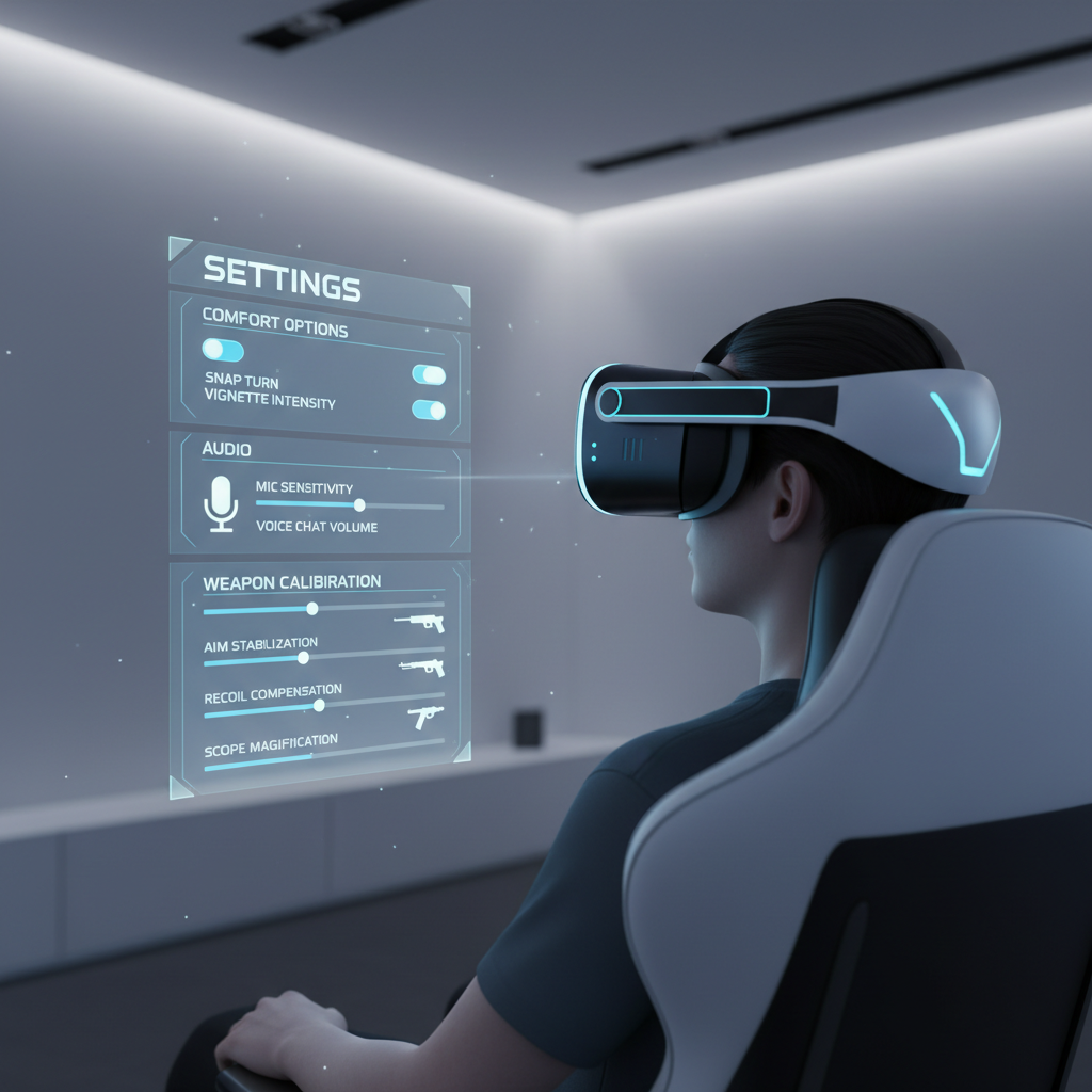 VR shooter settings menu showing comfort, audio, and control calibration