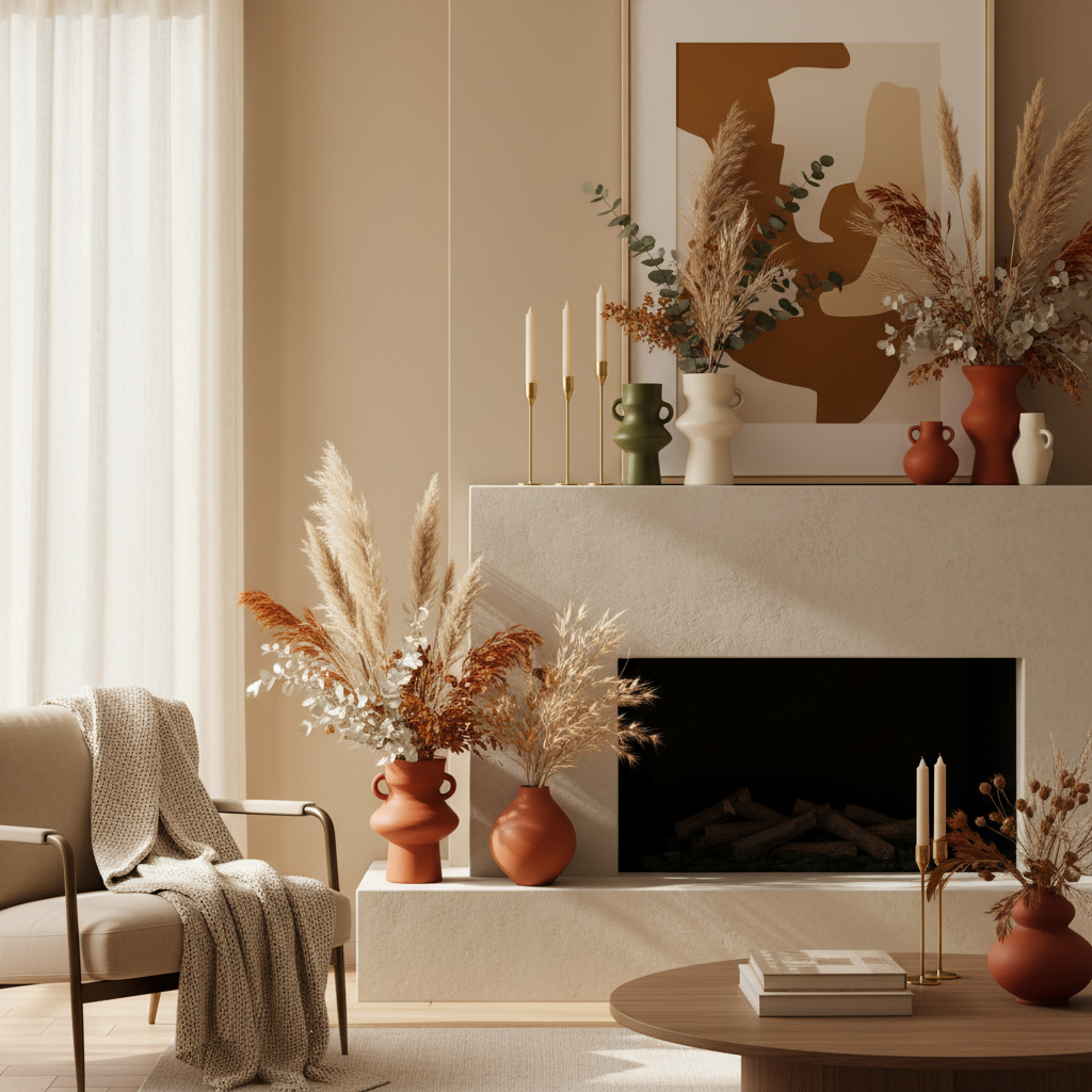 Modern fall mantel decor with ceramics, dried florals, and warm neutral tones
