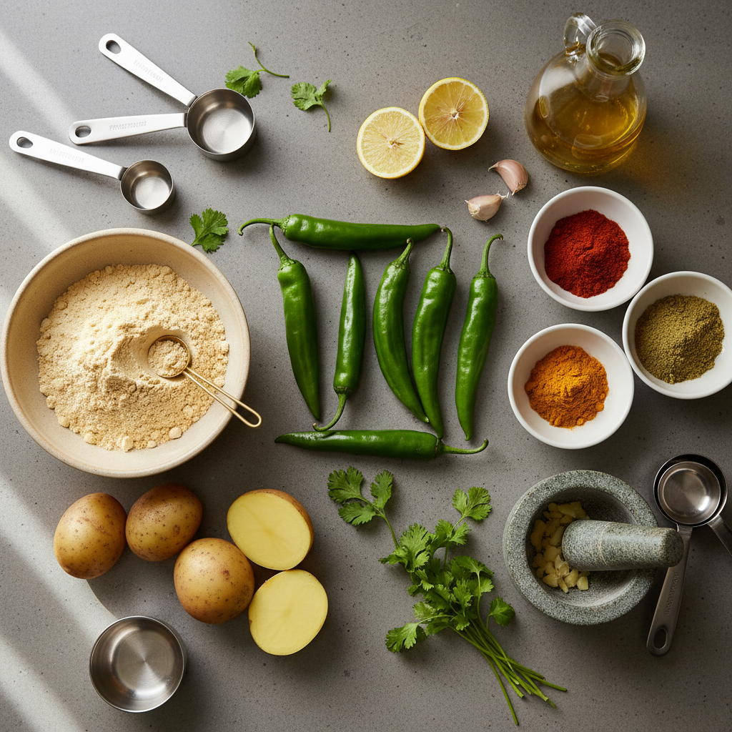 Rajasthani mirchi vada ingredients arranged on a kitchen counter