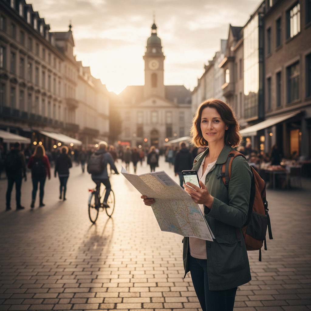Solo traveler checking a city map and phone for navigation and confidence