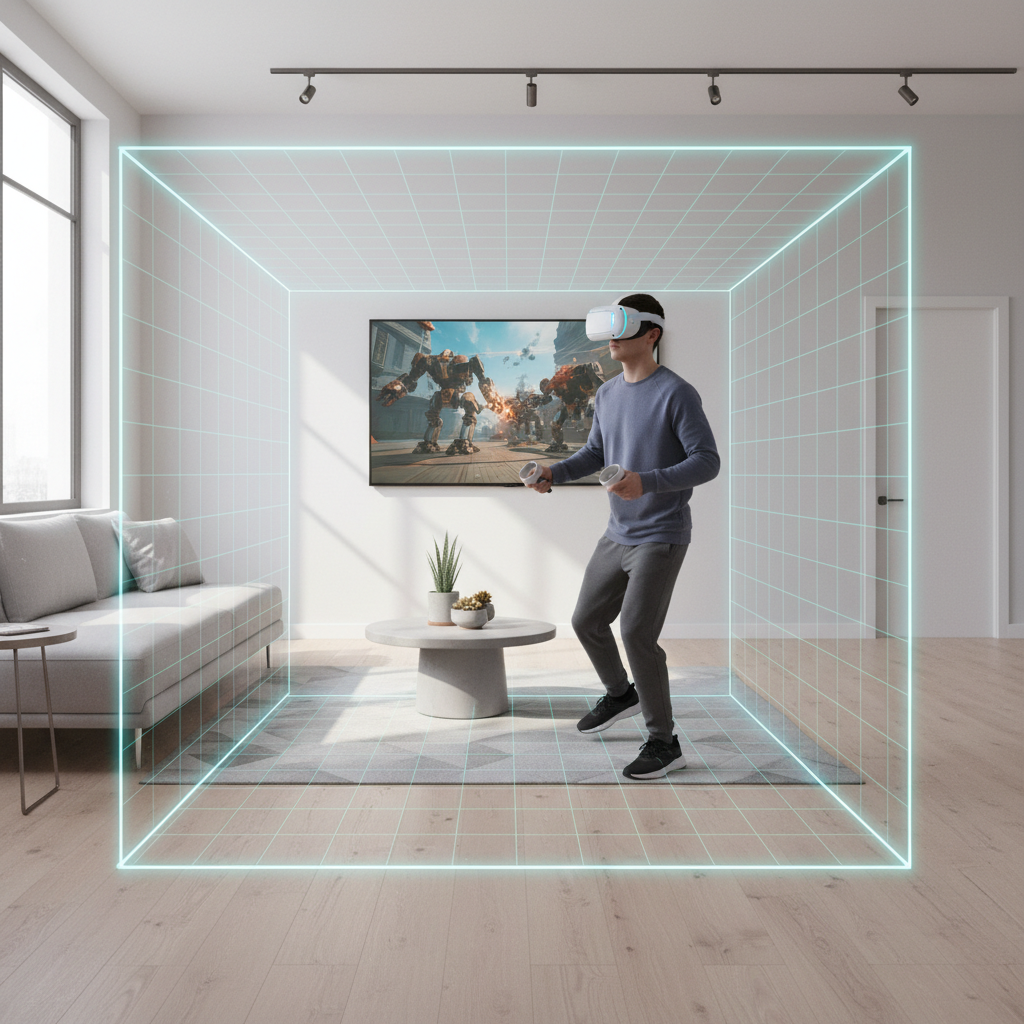 VR player in a small room using boundary guardian while fighting robots