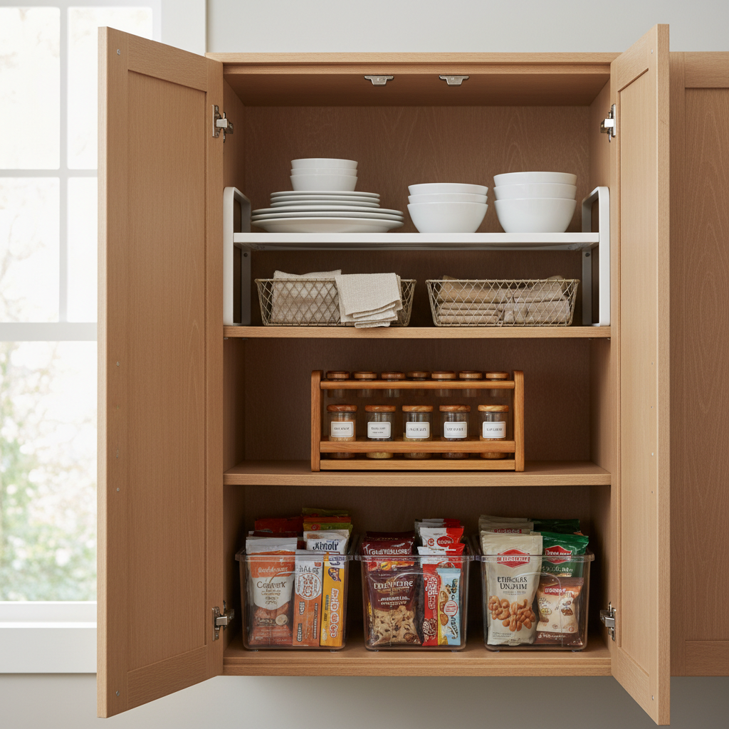 Neatly organized kitchen cabinet shelves using shelf organizers for plates, mugs, and pantry items
