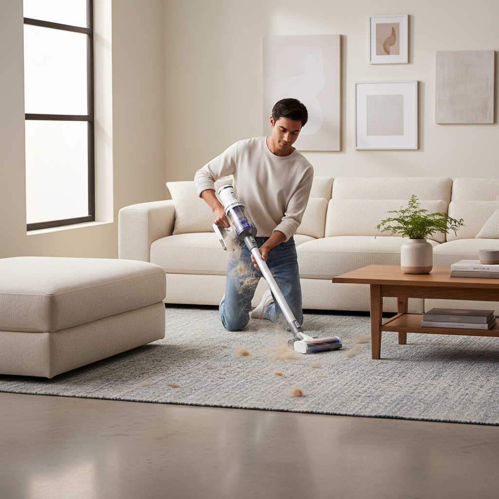 Using a mini motorized tool to remove pet hair from a sofa cushion