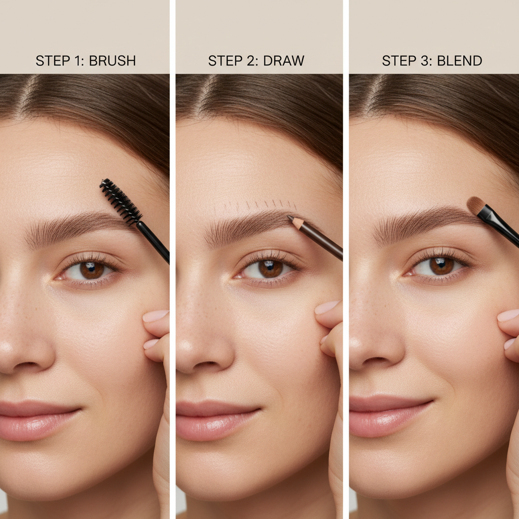 Step-by-step eyebrow pencil application on sparse brows with spoolie blending