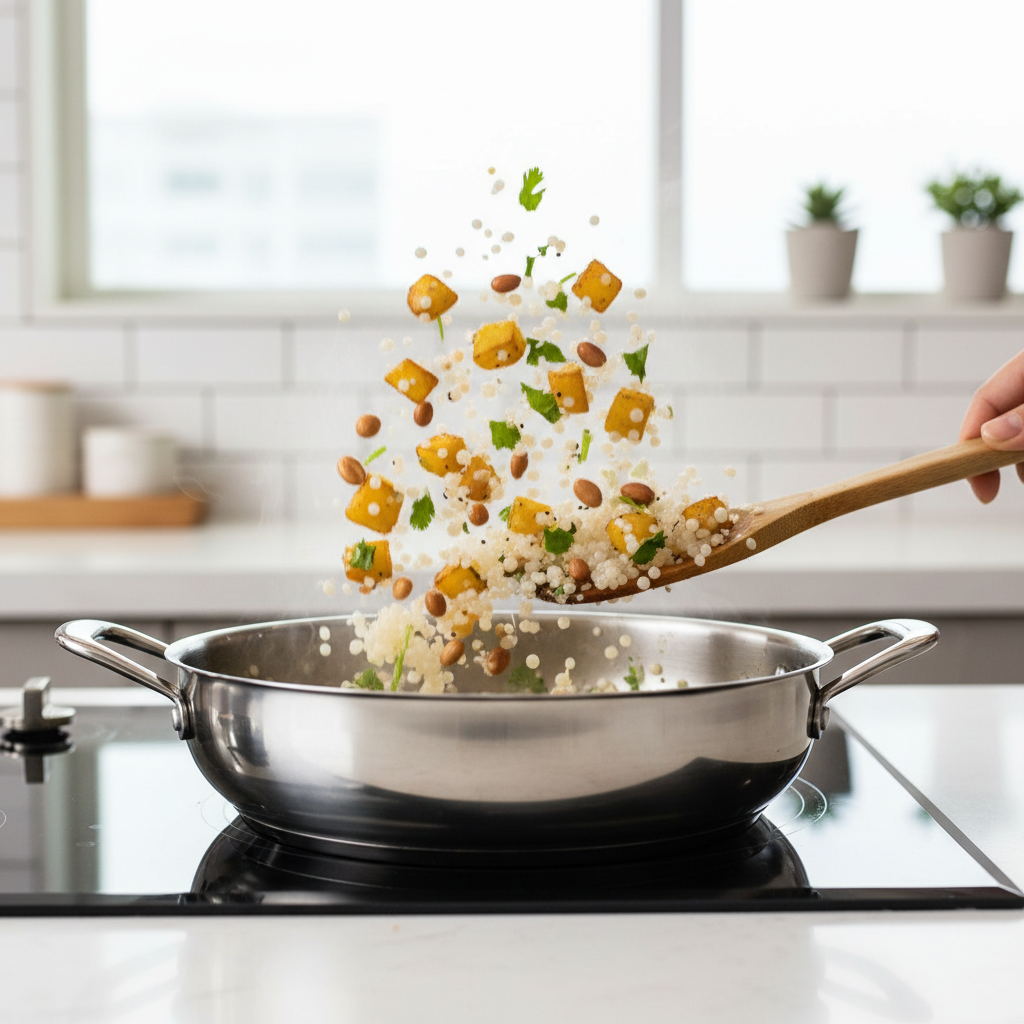 Cooking sabudana khichdi in a wide pan showing separate pearls and golden potatoes