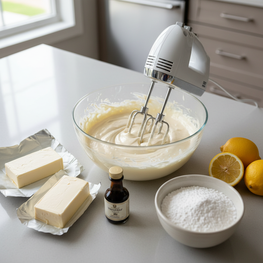Mixing no bake cheesecake filling in a bowl with hand mixer