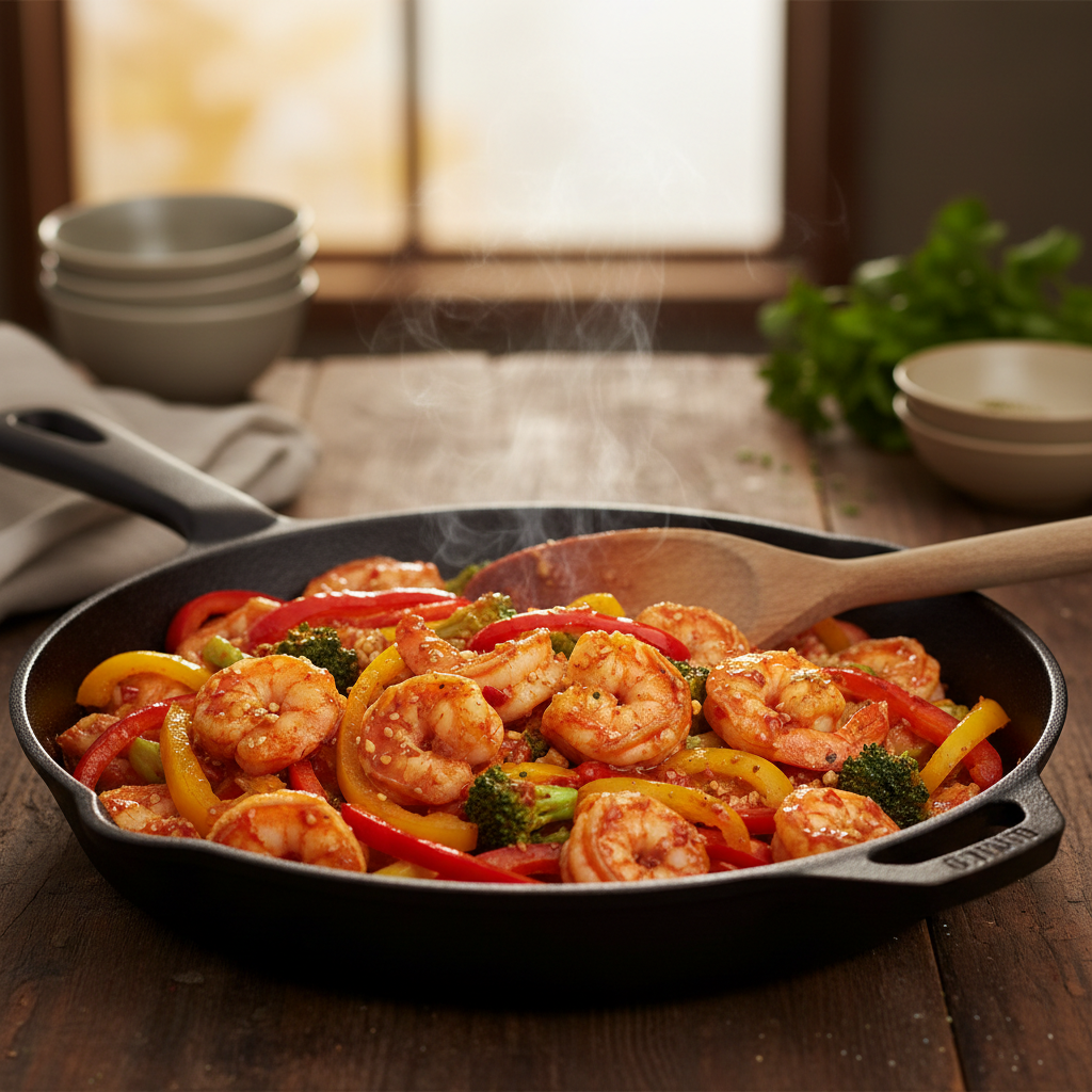 Spicy shrimp stir-fry in a skillet for an easy weeknight dinner