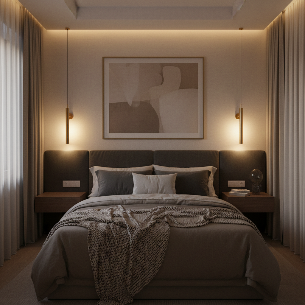 Small bedroom lighting with wall sconces and layered warm light for couples
