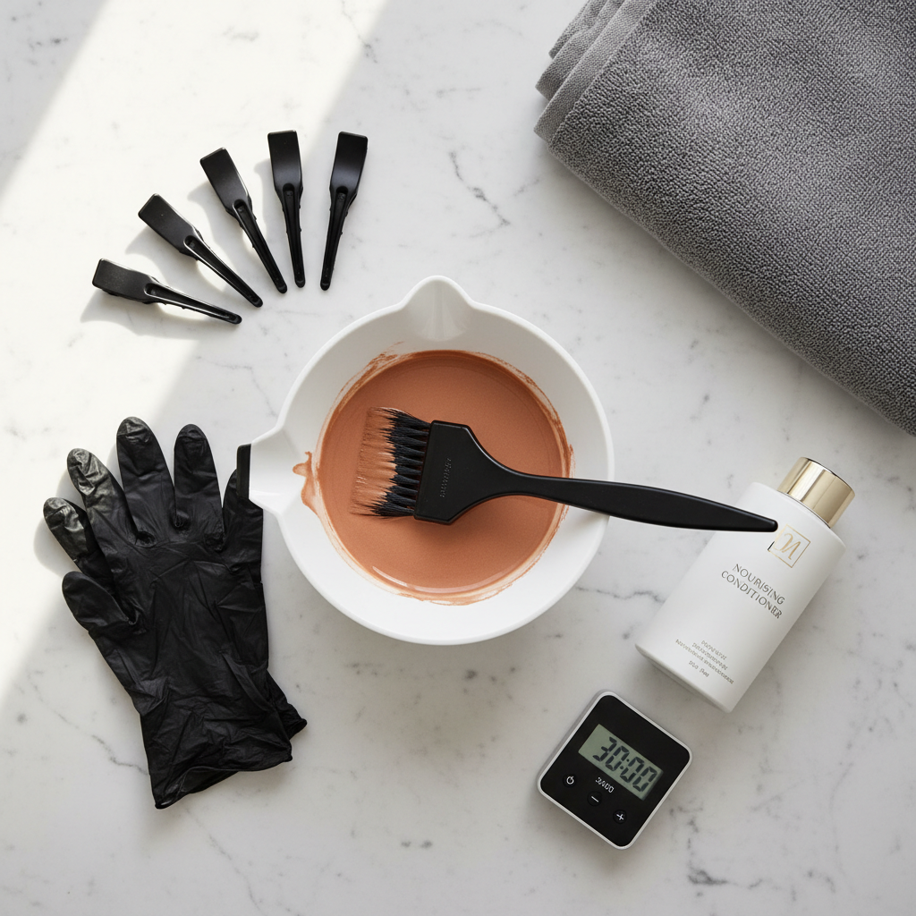 At-home hair dye setup with gloves, bowl, brush, clips, and conditioner for damage prevention