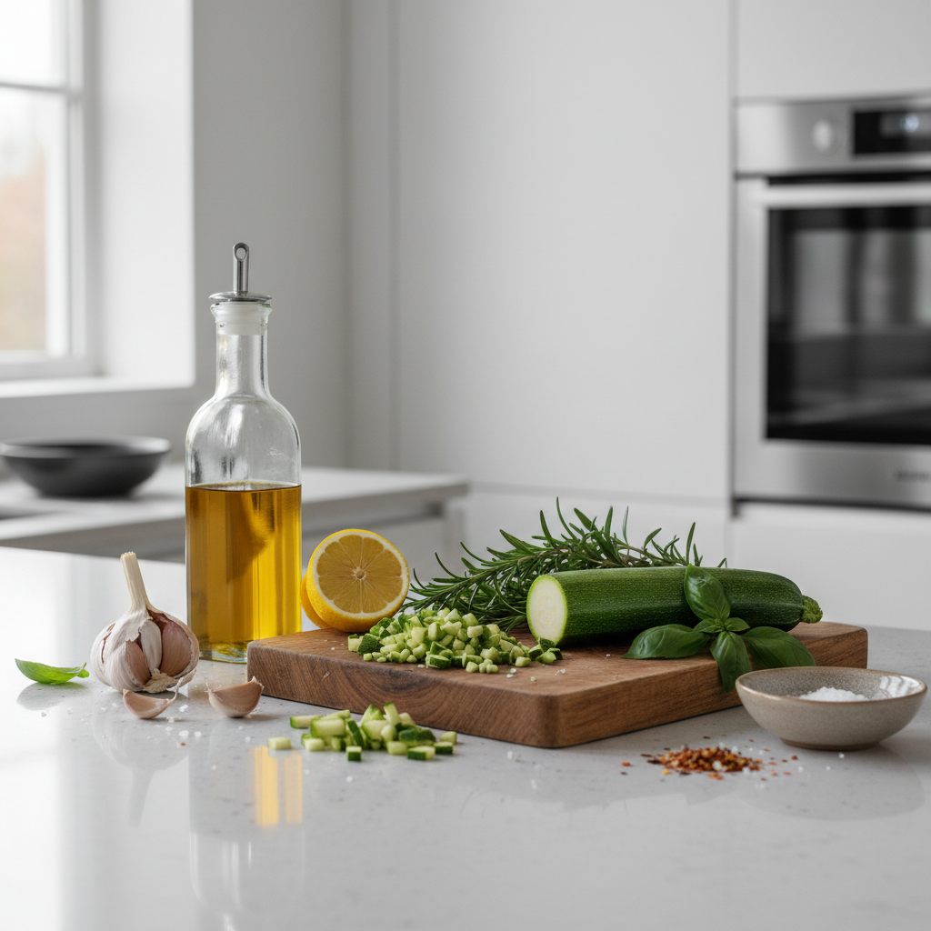 Fresh zucchini and simple ingredients on a kitchen counter for healthy easy recipes
