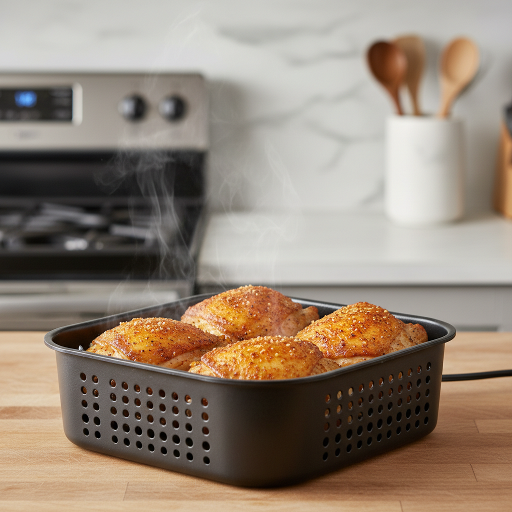 Air fryer chicken thighs turning golden with a simple spice rub