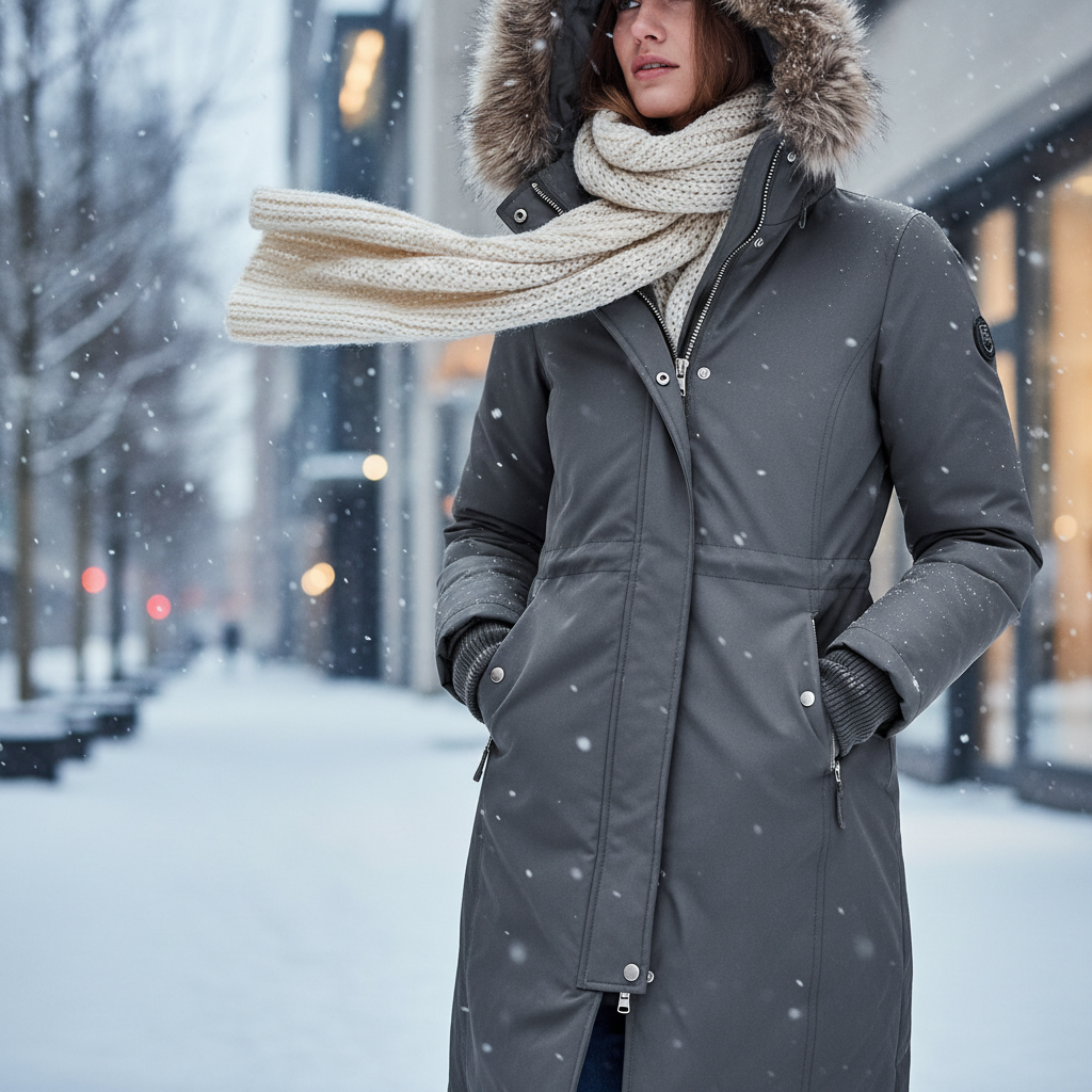 Long insulated parka with hood shown in snowy city street for warmth comparison