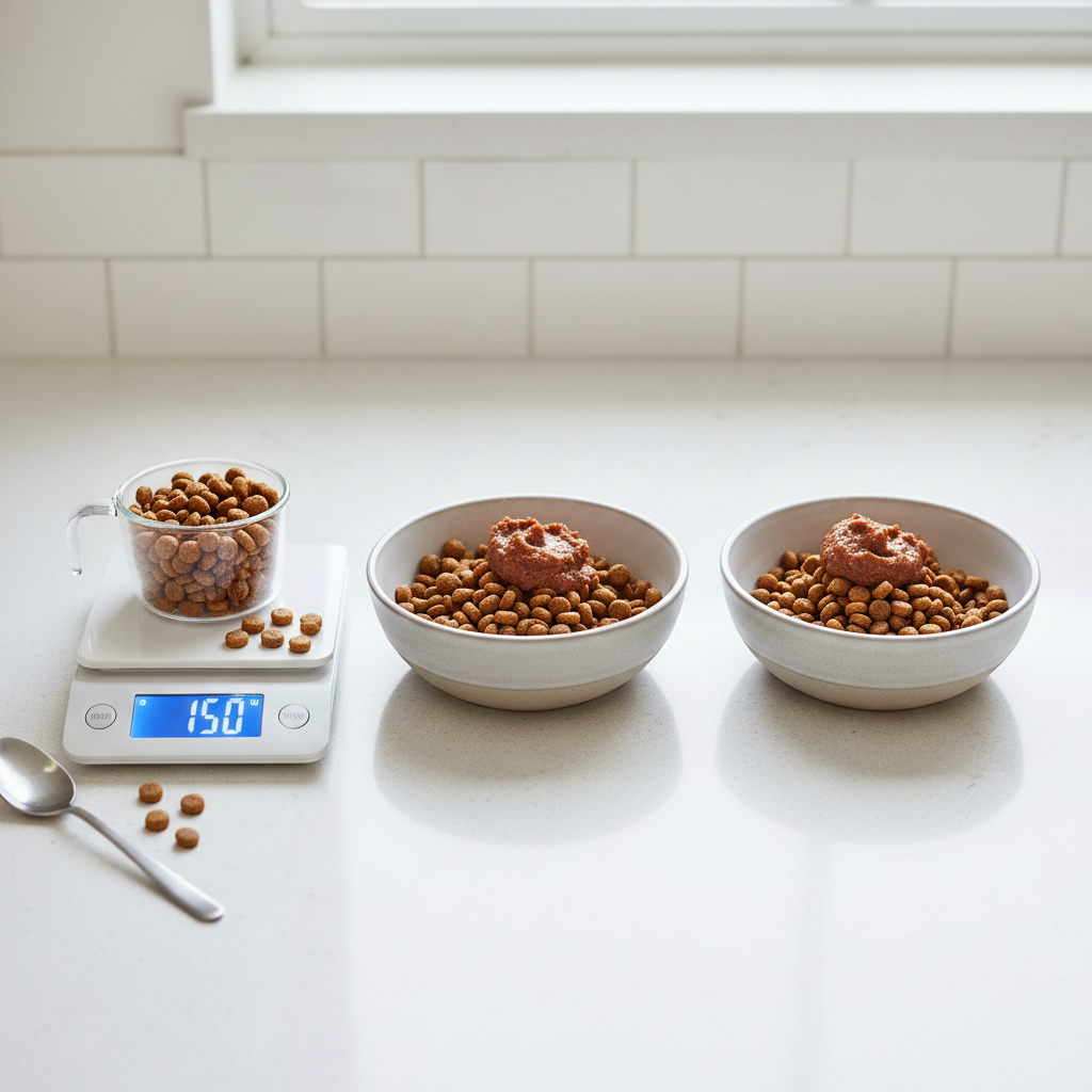 Measured dog meals in multiple small portions with high-calorie kibble and wet topper