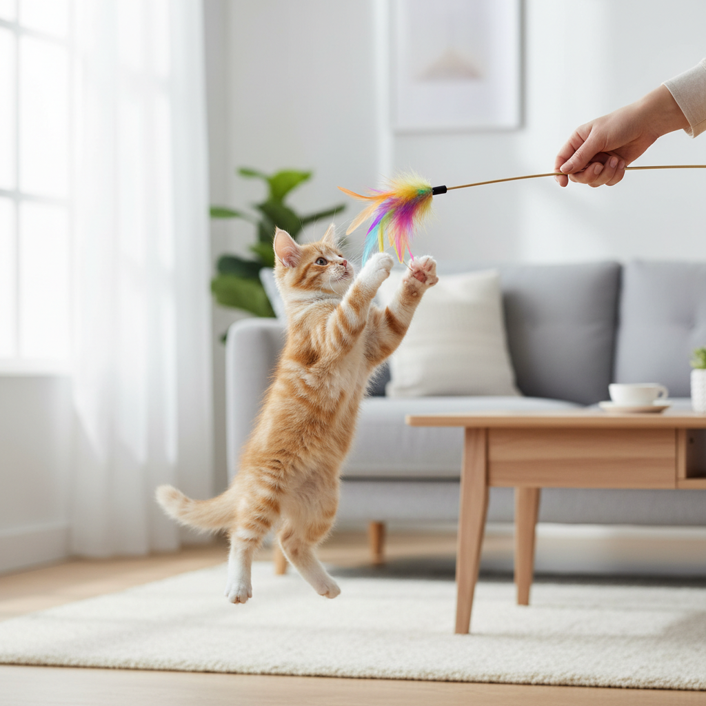 Kitten playing with wand toy in living room for interactive play
