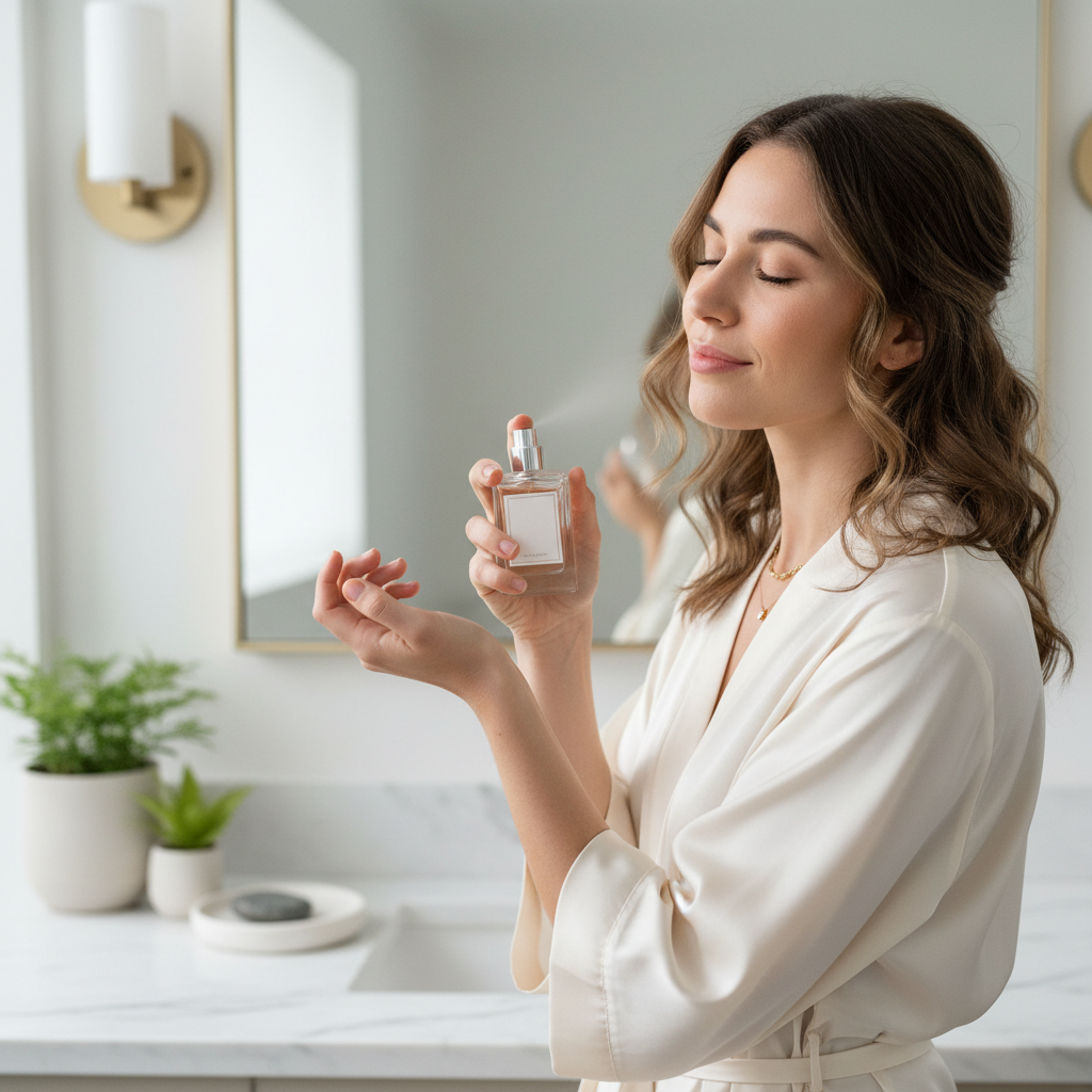 Woman applying perfume to pulse points with minimal sprays for long lasting scent