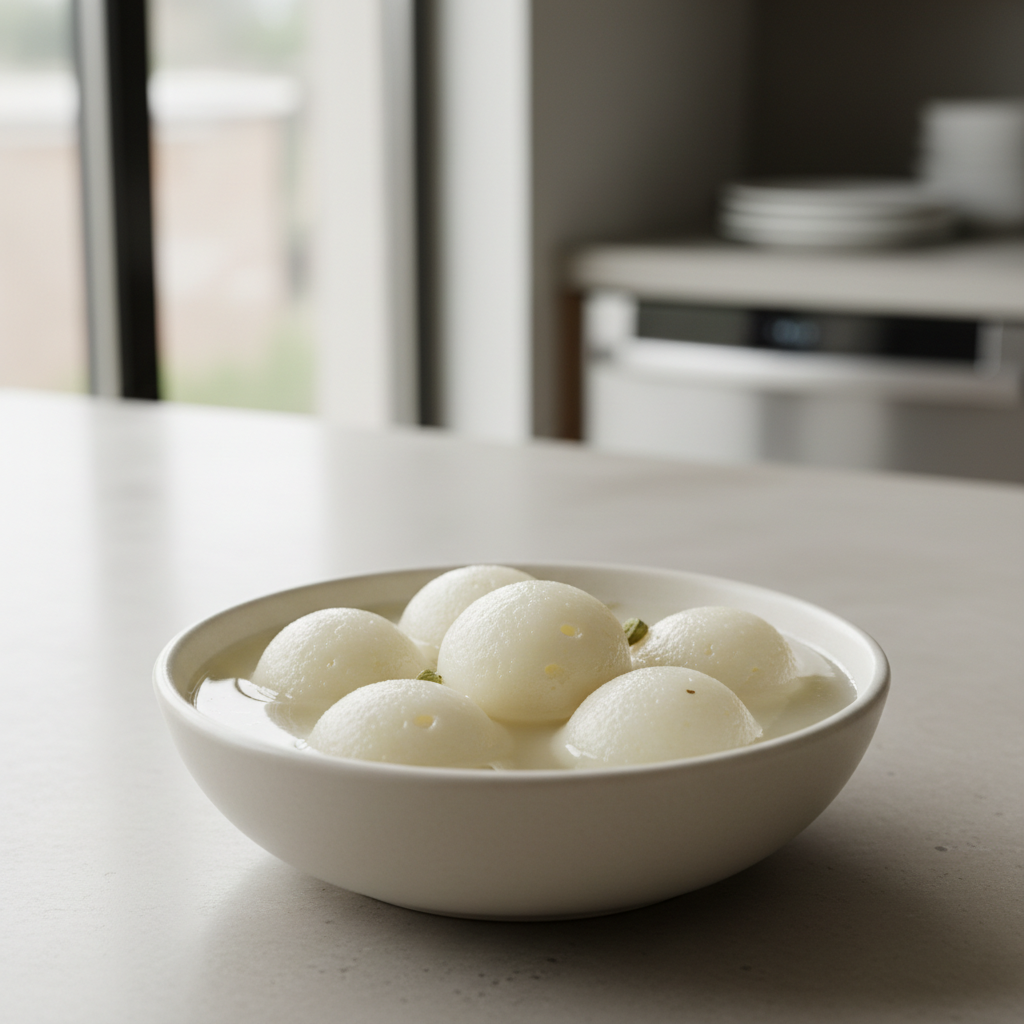 Soft spongy rasgulla in light sugar syrup served in a bowl