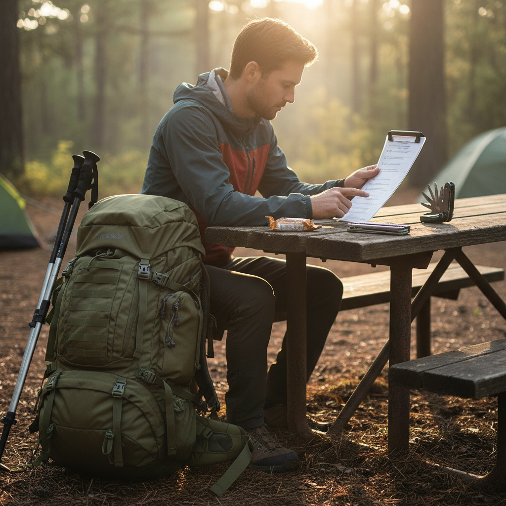 Backpacker checking multi tool features and weight on a gear list