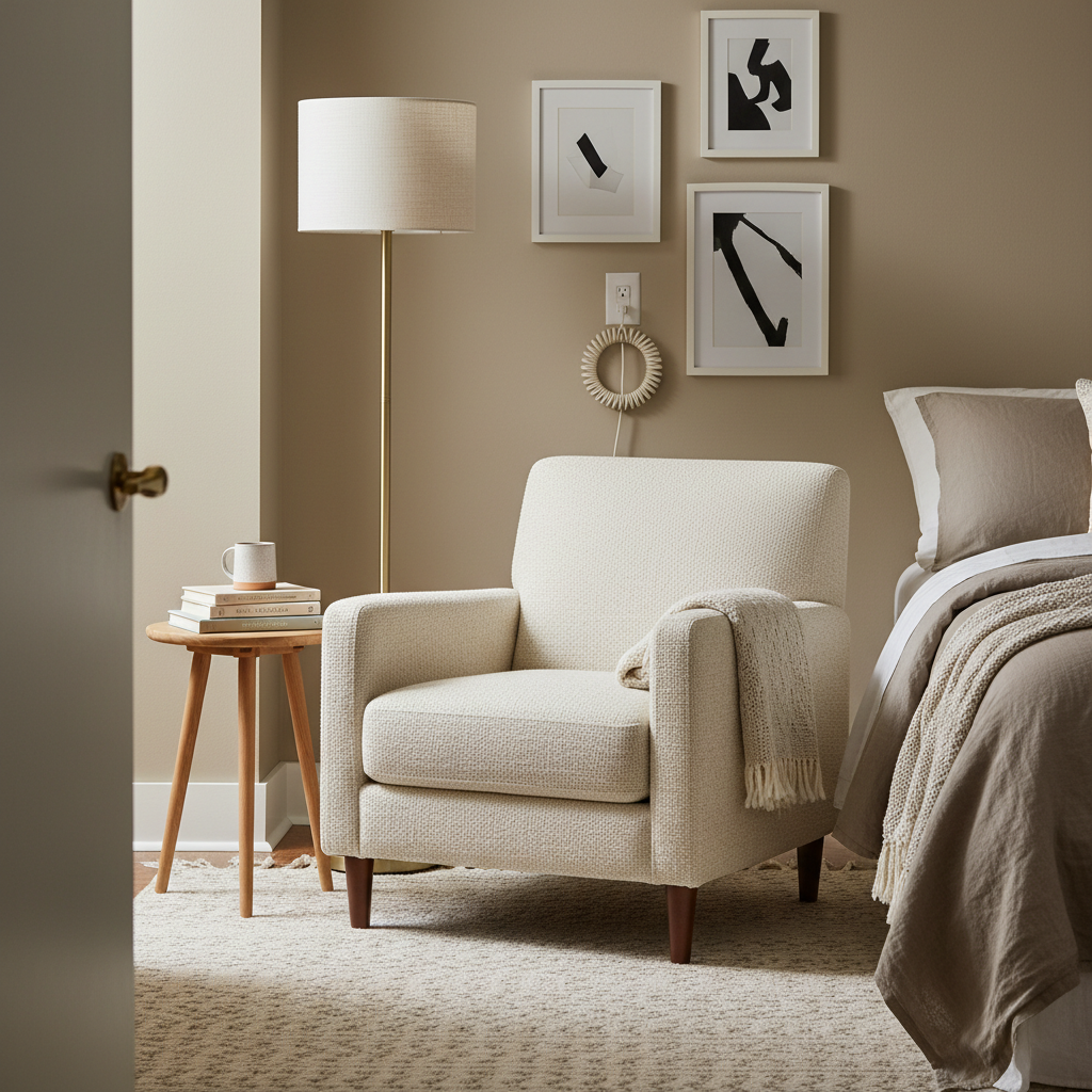 Small bedroom reading nook layout with chair lamp and side table