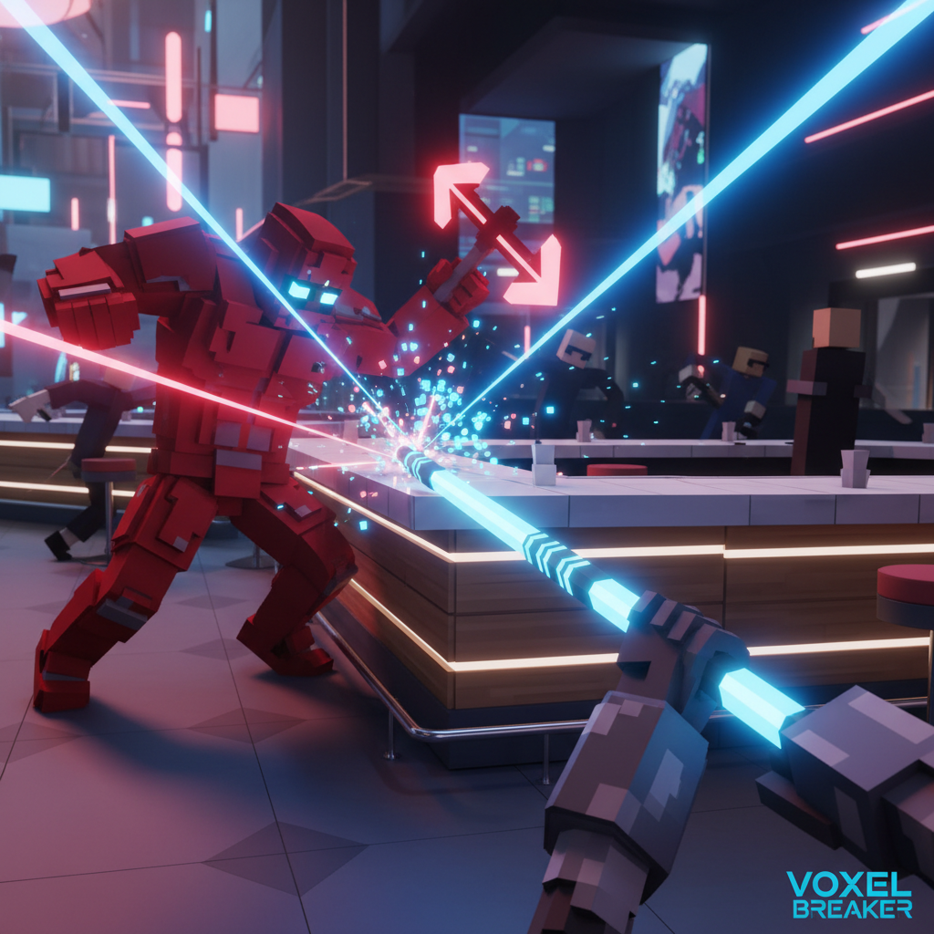 Paint the Town Red VR melee fight using a long weapon near a bar counter for spacing